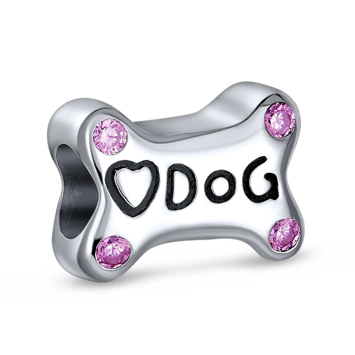 heart-dog-charm-bone-bead_pbx-hsz-132 Sterling Silver Dog Bone Pink CZ Heart Charm Bead Bracelet Puppy Pet Theme - Image 1
