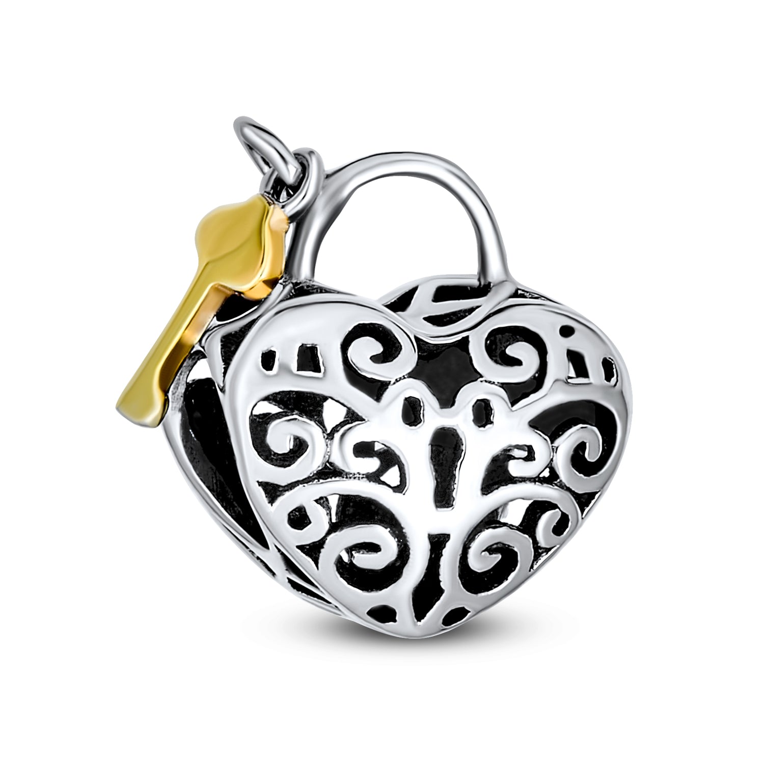 heart-filigree-key-charm-bead_pbx-hg-226 Vintage Two Tone Heart Filigree Lock & Key Charm Bead 14K Gold Plated Silver - Image 1