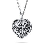 Carved Leaves Heart Locket Necklace for Photos Sterling Silver Garden Ladybug