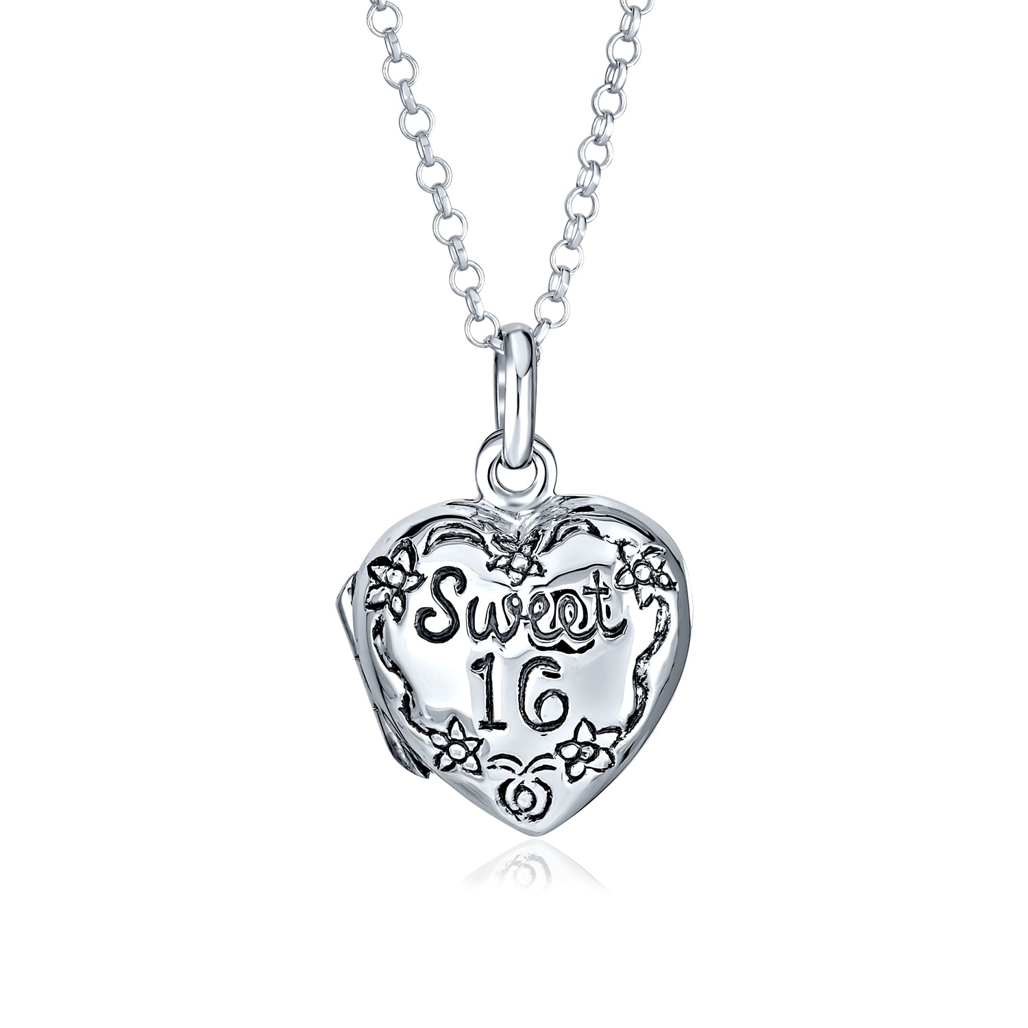 heart-locket-flower-silver-necklace_pmr-l10124_1 SWEET 16 Locket Necklace for Photos - Heart Flower Design Photo Holder - Image 1