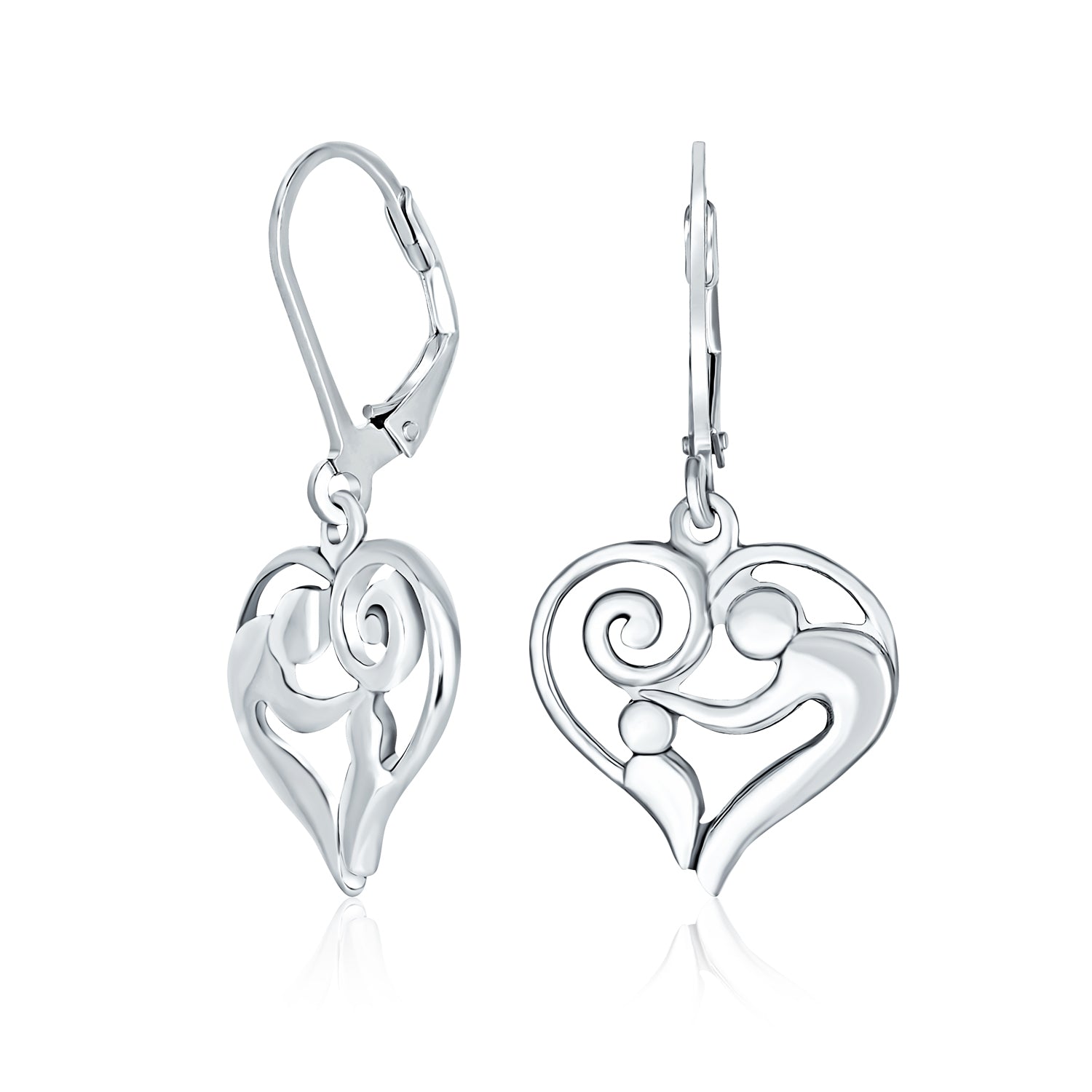 heart-mother-loving-child-earrings-dangle_pmr-e11844lb_1 Loving Family Mother & Child Dangle Heart Shaped Earrings .925 Sterling Silver Lever back - Image 1