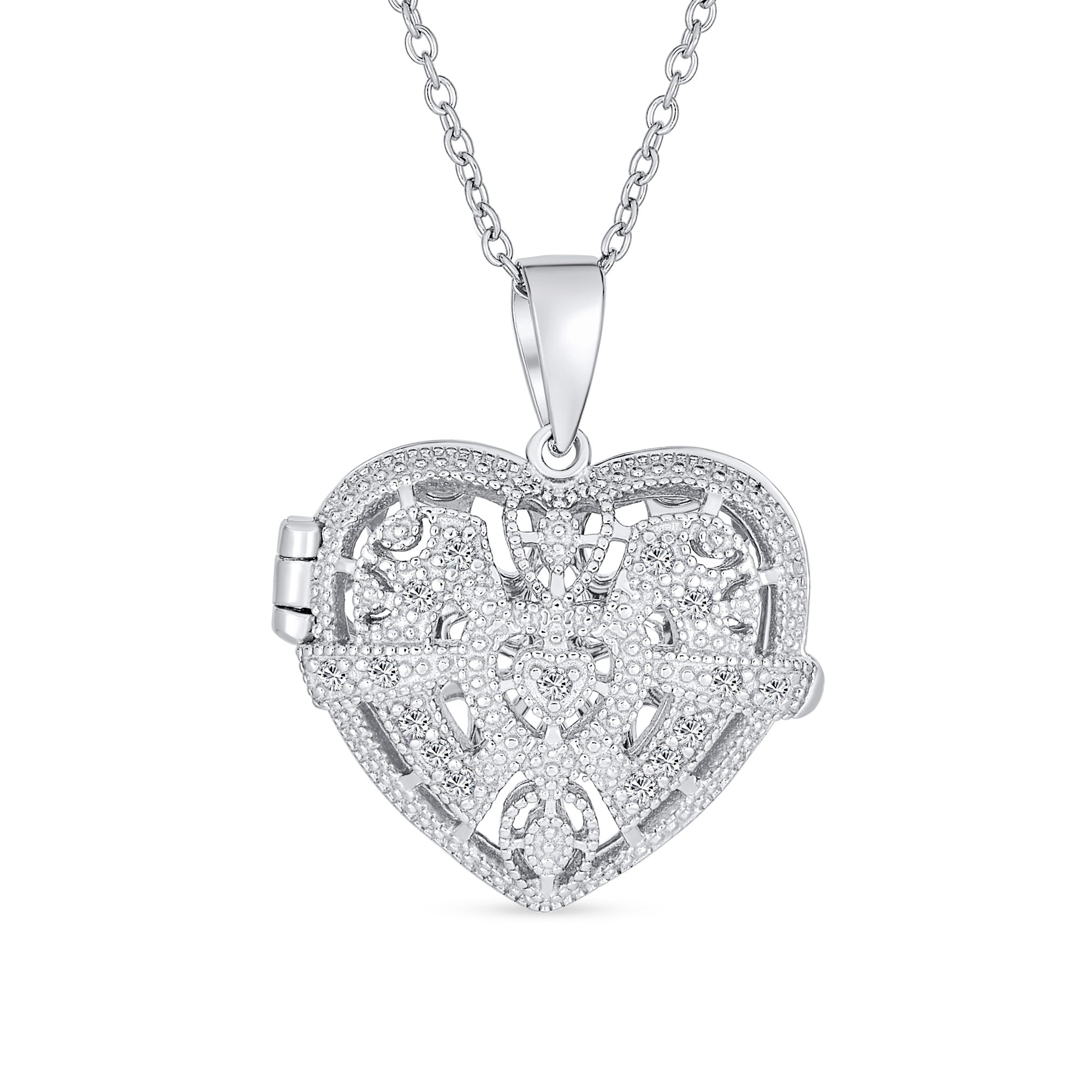 heart-silver-cz-necklace-pendant_cl-k-4615-az_11 Filigree Flower Aromatherapy or Diffuser Keepsake Photo Heart Shape Locket Pendant Necklace Sterling Silver - Image 1
