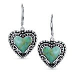 Boho Bali Dangle Gemstone Earrings Turquoise Heart Leverback - Image 2