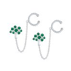 Green CZ Ear Cuff Chain & Stud Tree of Life Earrings .925 Sterling Silver For Pierced Ear