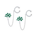 Green CZ Ear Cuff Chain & Stud Tree of Life Earrings .925 Sterling Silver For Pierced Ear