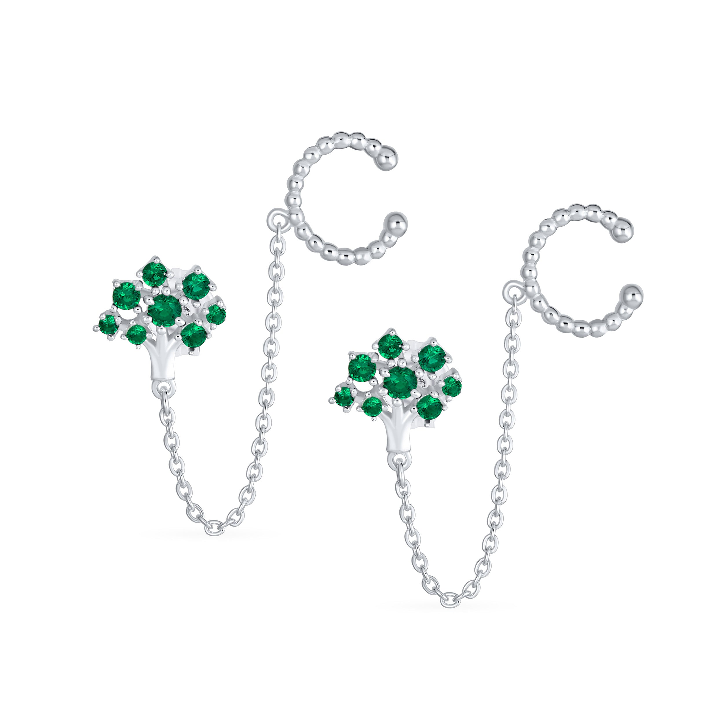 helix-chain-cable-green-tree-earrings-srn-s928271es-000 Green CZ Ear Cuff Chain & Stud Tree of Life Earrings .925 Sterling Silver For Pierced Ear - Image 1