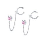 Tiny Pink CZ Ear Cuff Chain Heart Stud Earrings For Earlobe .925 Sterling Silver For Pierced Ear
