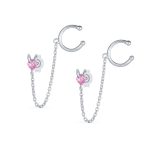 Tiny Pink CZ Ear Cuff Chain Heart Stud Earrings For Earlobe .925 Sterling Silver For Pierced Ear