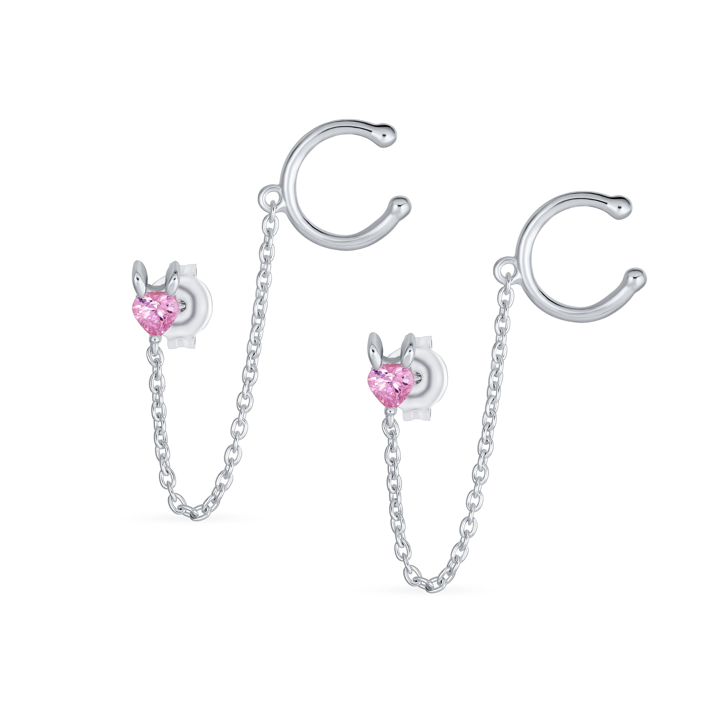helix-chain-cartilage-cz-pink-heart-srn-s928269es-011 Tiny Pink CZ Ear Cuff Chain Heart Stud Earrings For Earlobe .925 Sterling Silver For Pierced Ear - Image 1