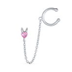 Tiny Pink CZ Ear Cuff Chain Heart Stud Earrings For Earlobe .925 Sterling Silver For Pierced Ear - Image 2