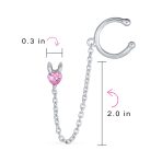 Tiny Pink CZ Ear Cuff Chain Heart Stud Earrings For Earlobe .925 Sterling Silver For Pierced Ear - Image 4