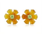 Floral CZ Center Yellow Jade Flower Stud Earrings Gold Plated .925 Sterling Silver
