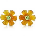Floral CZ Center Yellow Jade Flower Stud Earrings Gold Plated .925 Sterling Silver