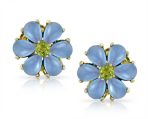 Garden CZ Center Blue Jade Flower Clip On Earrings Gold Sterling Silver for Non-Pierced Ears
