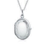 Sterling Silver Oval Photo Locket Necklace with Etched Leaf Scroll Design Holds Two Memory Pictures