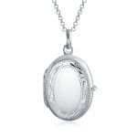 Sterling Silver Oval Photo Locket Necklace with Etched Leaf Scroll Design Holds Two Memory Pictures