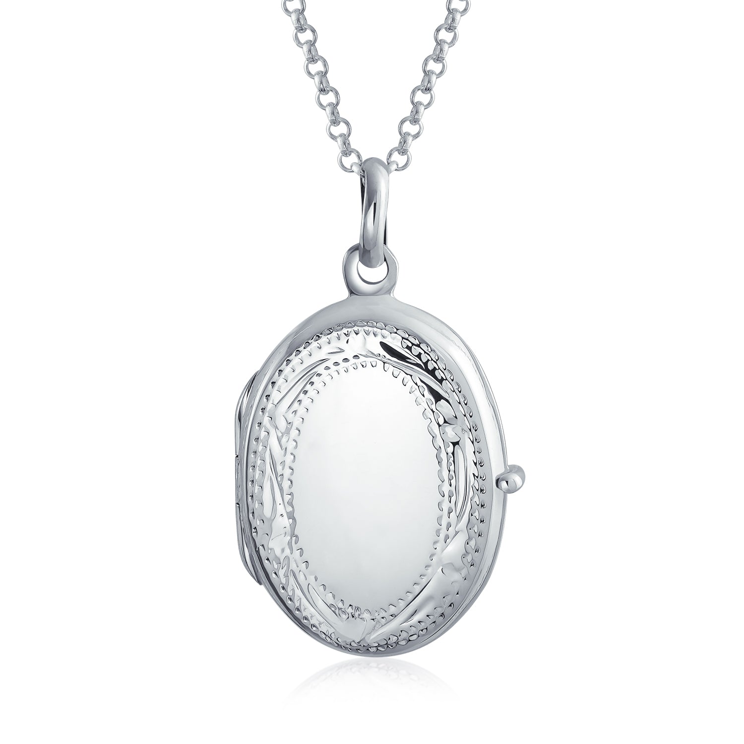 high-polish-oval-silver-locket_grw-p-31069-az_1 Sterling Silver Oval Photo Locket Necklace with Etched Leaf Scroll Design Holds Two Memory Pictures - Image 1
