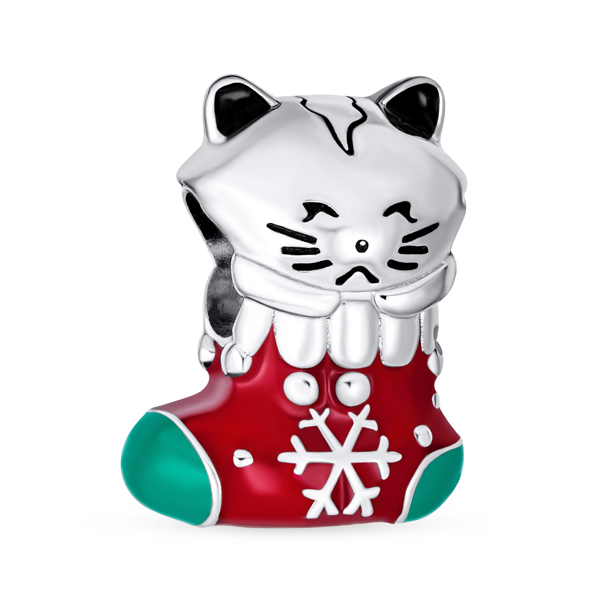 holiday-animal-kitten-stocking-bead-pbx-he-1499-s_01 Christmas Charm Bead Kitten Stocking Enamel Sterling Silver for Bracelets - Image 1