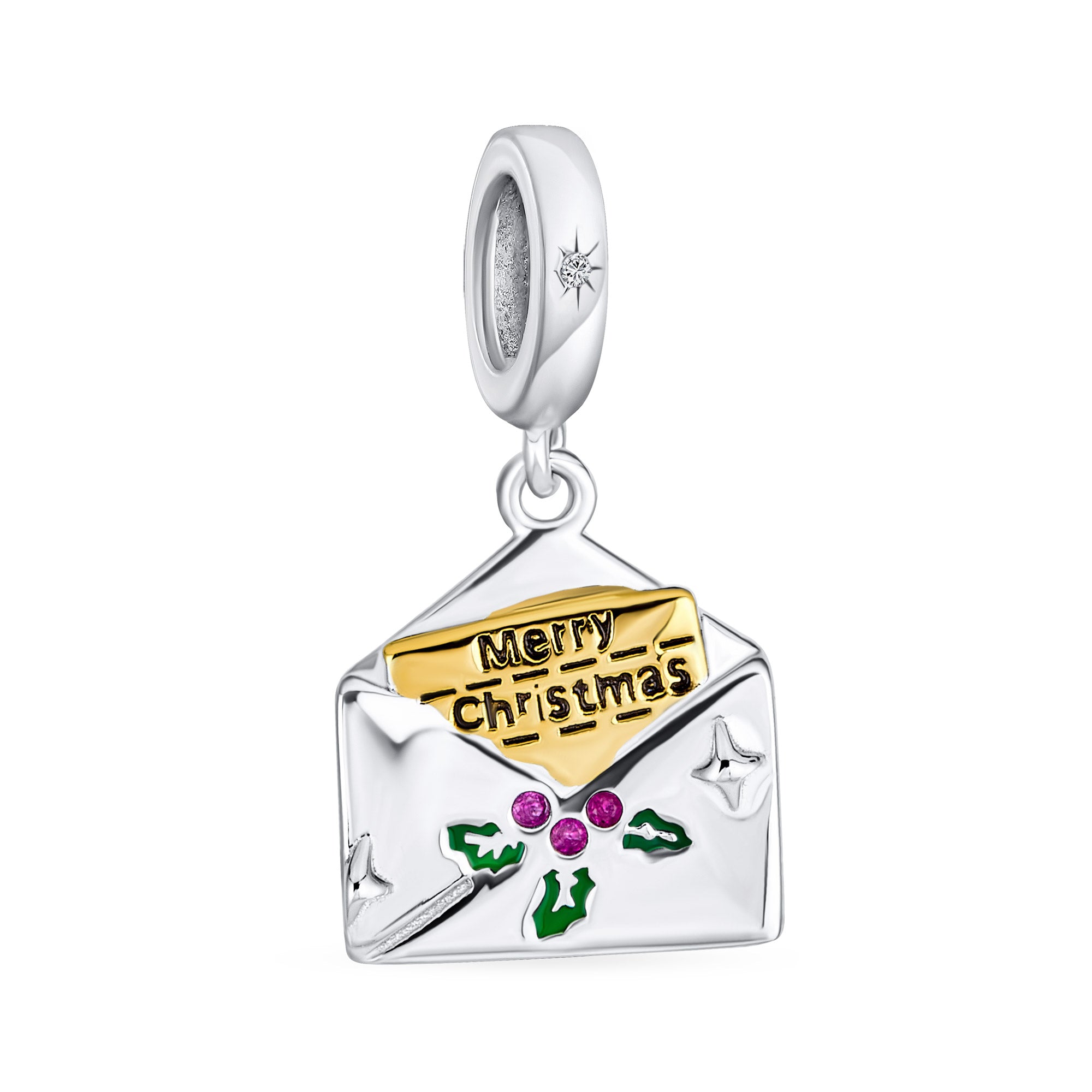 holiday-mistletoe-envelope-letter-charm-pbx-plahsd3078s-1-az_01 Initial Alphabet Bead Charm Holiday Green Mistletoe Red Berry Sterling Silver - Image 1