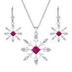 Holiday Party Jewelry Set Pink Rose CZ Snowflake Necklace & Earrings Silver