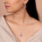 Holiday Party Jewelry Set Pink Rose CZ Snowflake Necklace & Earrings Silver - Image 4