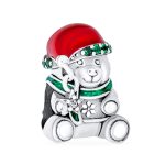 Whimsical Green Scarf Red Hat Teddy Bear Charm Bead .925 Sterling Silver