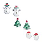 Set of 3 Small Holiday Winter Santa Claus Christmas Tree Snowman Stud Earrings