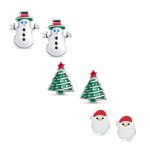 Set of 3 Small Holiday Winter Santa Claus Christmas Tree Snowman Stud Earrings
