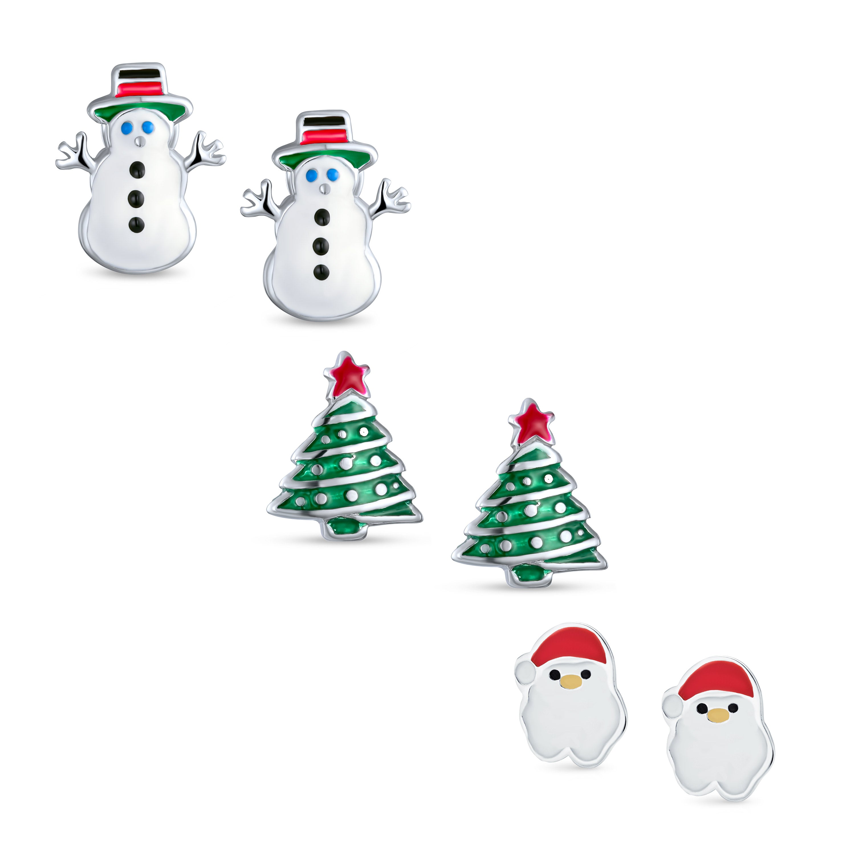 holiday_christmas_snowman_stud_earrings_set_pfs-12-5917-set Set of 3 Small Holiday Winter Santa Claus Christmas Tree Snowman Stud Earrings - Image 1