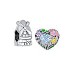 Set of 2 Holland Windmill & Love Grows Floral Heart CZ Accent Charm Bead Silver