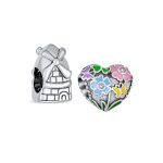 Set of 2 Holland Windmill & Love Grows Floral Heart CZ Accent Charm Bead Silver