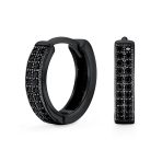 Black Pave CZ Hoop Earrings Slender Huggies Mini Hoop .925 Sterling Silver