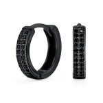 Black Pave CZ Hoop Earrings Slender Huggies Mini Hoop .925 Sterling Silver