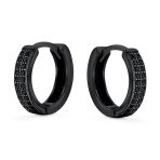 Set of 2 Black Pave CZ Round Inside Out & 2 Row Huggie Hoop Earrings - Image 4