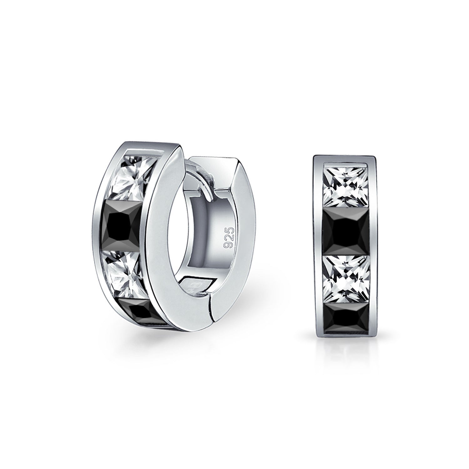 hoop-checkboard-earrings-huggie-silver_sls-e154072-bw_1 Small Square Black White CZ Hoop Earrings Princess Cut Sterling Silver Men - Image 1