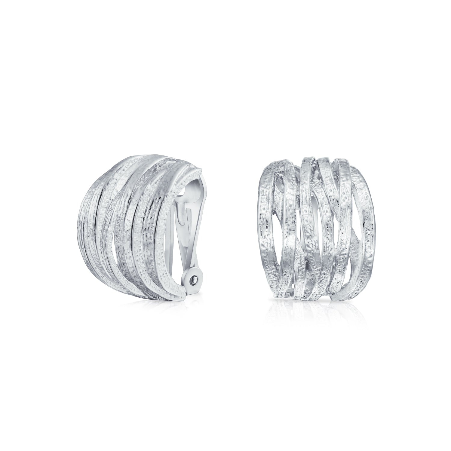 hoop-clip-on-earrings-silver_ag-se-9642_1 Fashion Open Criss Cross Basket Weave Wide Half Hoop Clip On Earrings For Non Pierced Ears Matte Gold Plated - Image 1