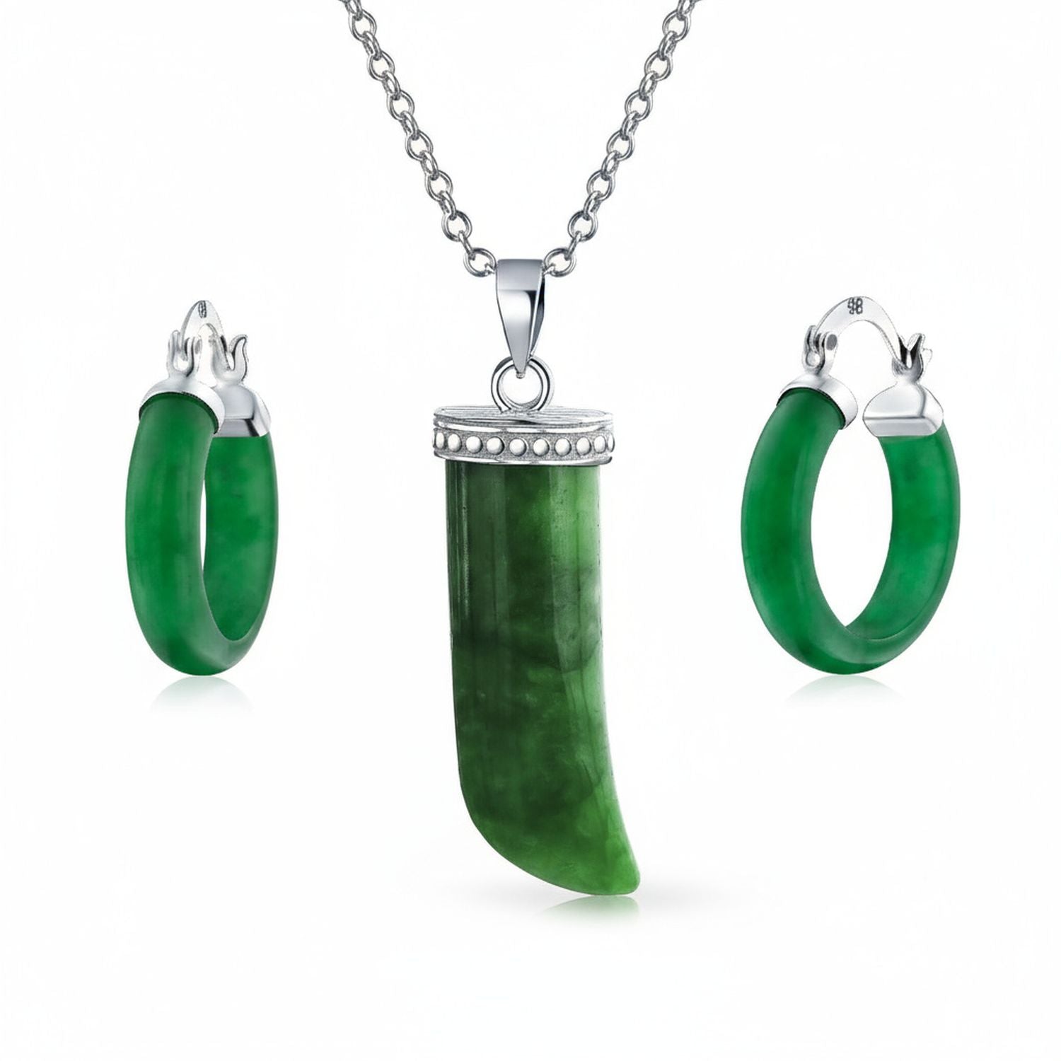 hoop-earing-tooth-amulet-green-jade-necklace-set_wj-swp2238-set-az Italian Horn Pendant & Green Jade Hoop Earrings Jewelry Set Sterling Silver - Image 1