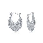 Boho Bali Floral Scroll Filigree Hoop Huggie Earrings Silver