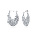 Boho Bali Floral Scroll Filigree Hoop Huggie Earrings Silver