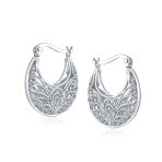 Boho Bali Floral Scroll Filigree Hoop Huggie Earrings Silver - Image 2