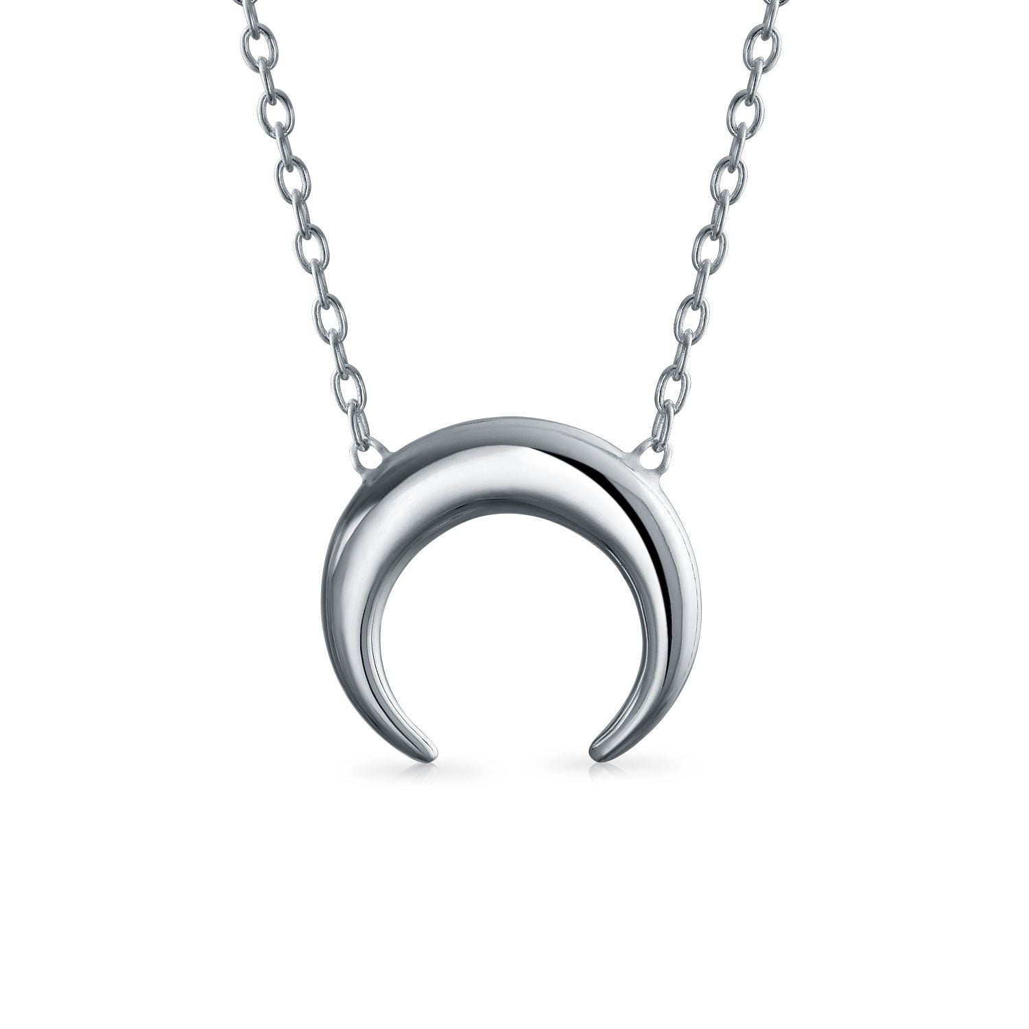horn-crescent-moon-necklace-silver_pfs-15-1372s_1 Celestial Crescent Moon Pendant Necklace Sterling Silver with Double Horn Design - Image 1