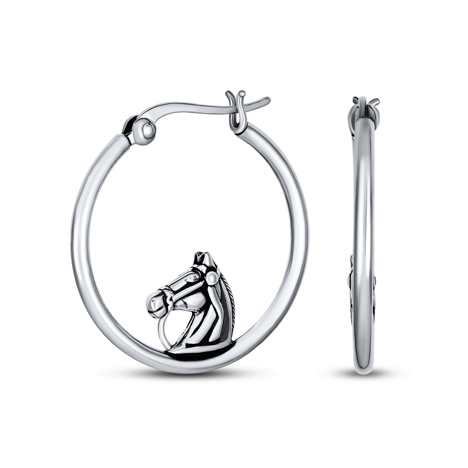 horse-head-silver-hoop-earrings_pmr-h10390_22 Hoop Huggie Earrings Sterling Silver Horse Design 1.25 Inch Western Style - Image 1