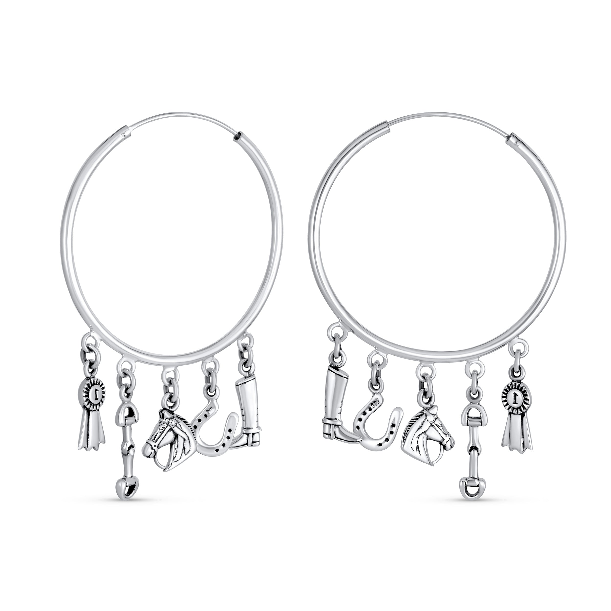 horse-hoop-sterling-silver-earrings_pmr-h10383-az-1 Blue Ribbon Horse Hoop Huggie Earrings Horseshoe Charms - Image 1