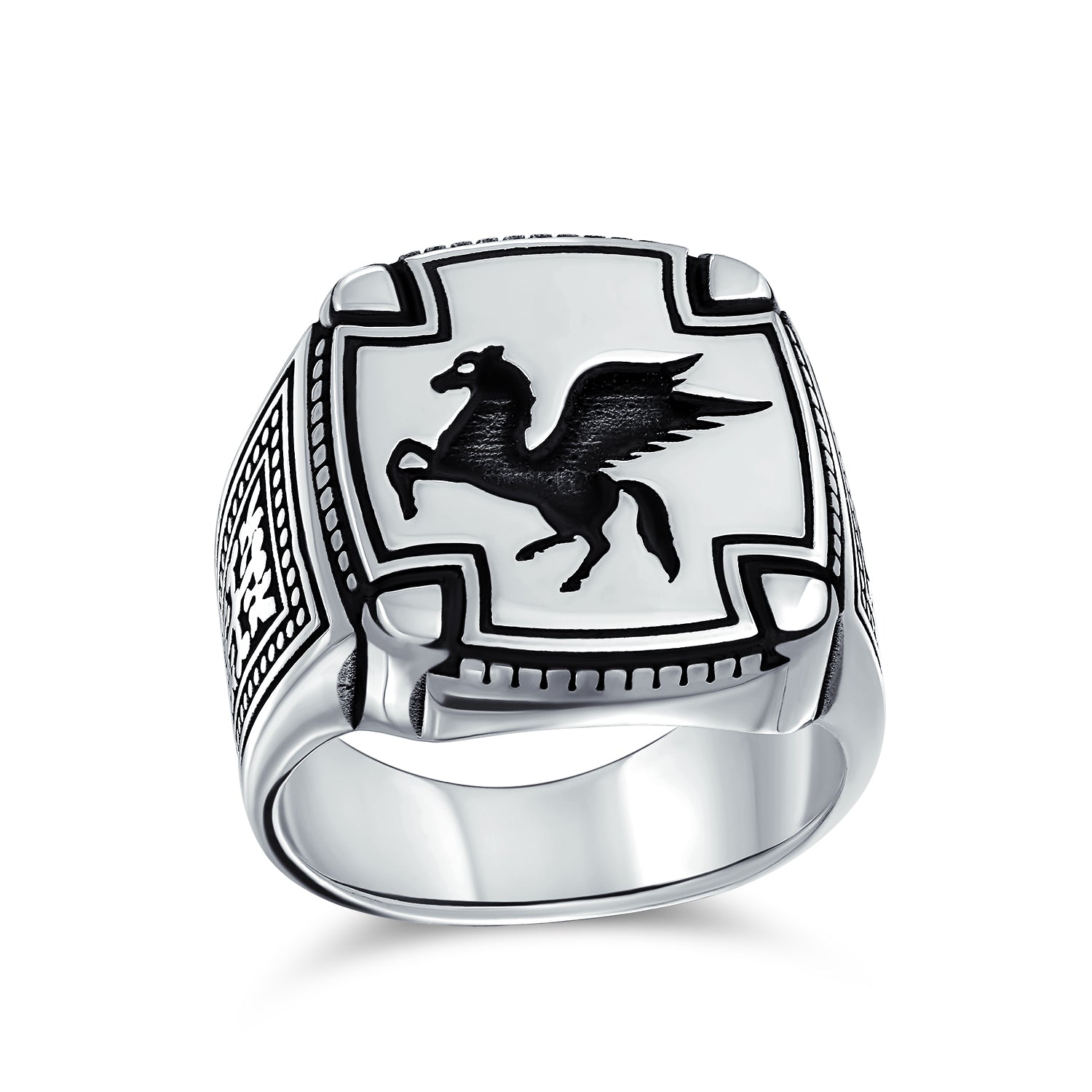 horse-ring-mythical-mens-pegasus_pts-zky1297_1 Men's Statement Pegasus Signet Ring Greek Mythical Horse Oxidized .925 Sterling Silver - Image 1