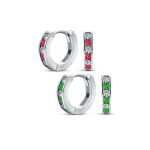 Set of 2 Tiny Multi Color Cubic Zirconia CZ Hoop Earrings Sterling Silver