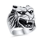 Hunter Norse Viking Warrior Mens Silver Ring Fierce Roaring Wolf Head Design