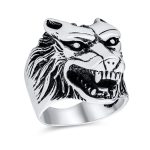 Hunter Norse Viking Warrior Mens Silver Ring Fierce Roaring Wolf Head Design