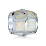 Created White Opal Inlay Barrel Charm Bead .925 Sterling Silver For Bracelet