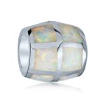 Created White Opal Inlay Barrel Charm Bead .925 Sterling Silver For Bracelet