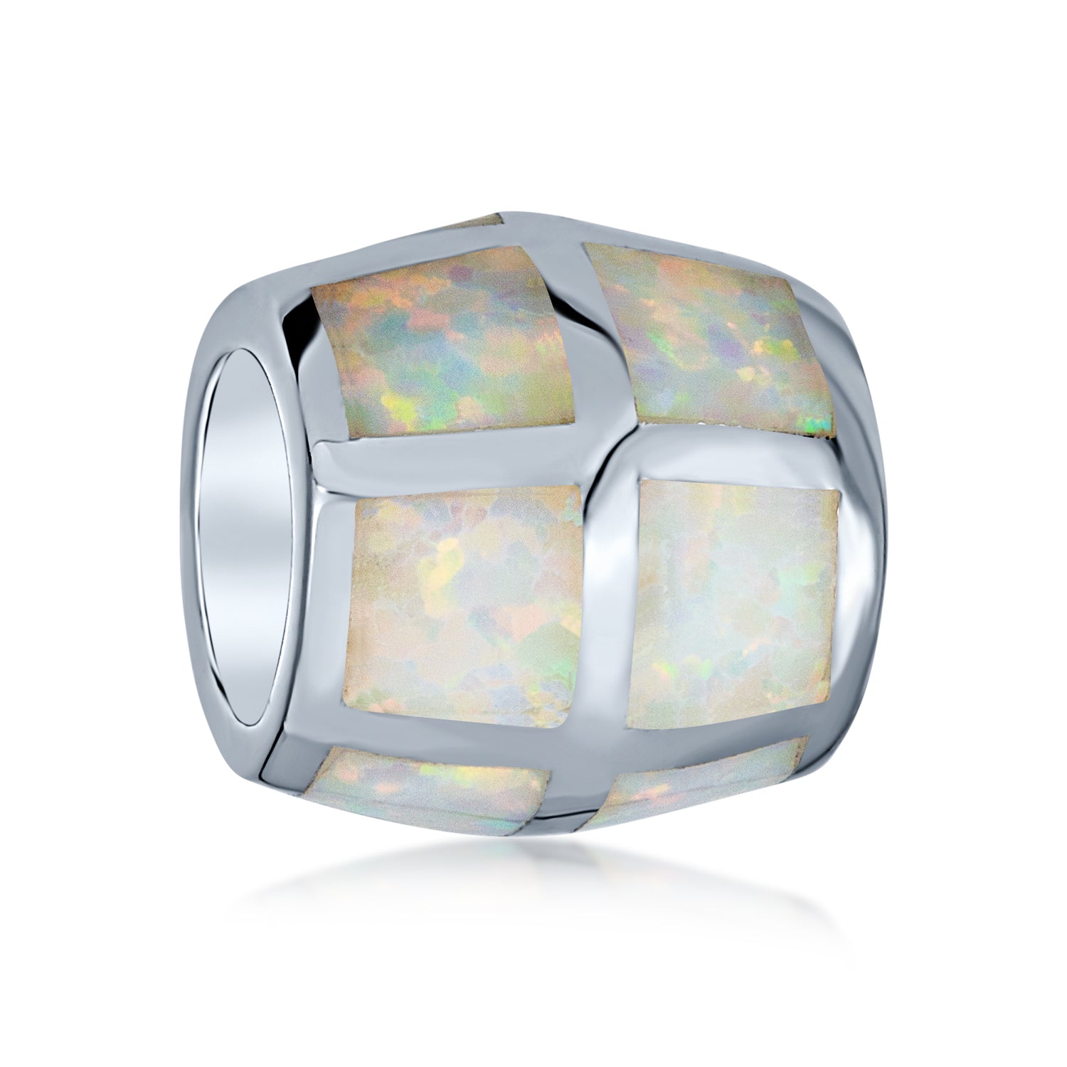 inlay-white-opal-bead-charm_pbx-xny-pd1061w-az Created White Opal Inlay Barrel Charm Bead .925 Sterling Silver For Bracelet - Image 1